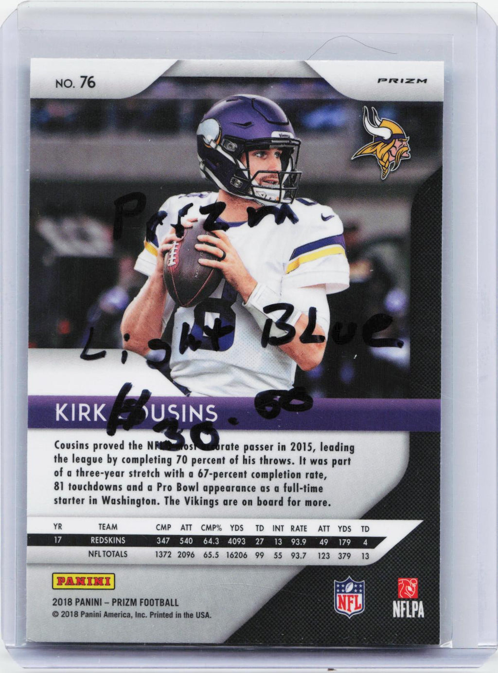 2018 Panini Prizm #76 Kirk Cousins Prizm Blue