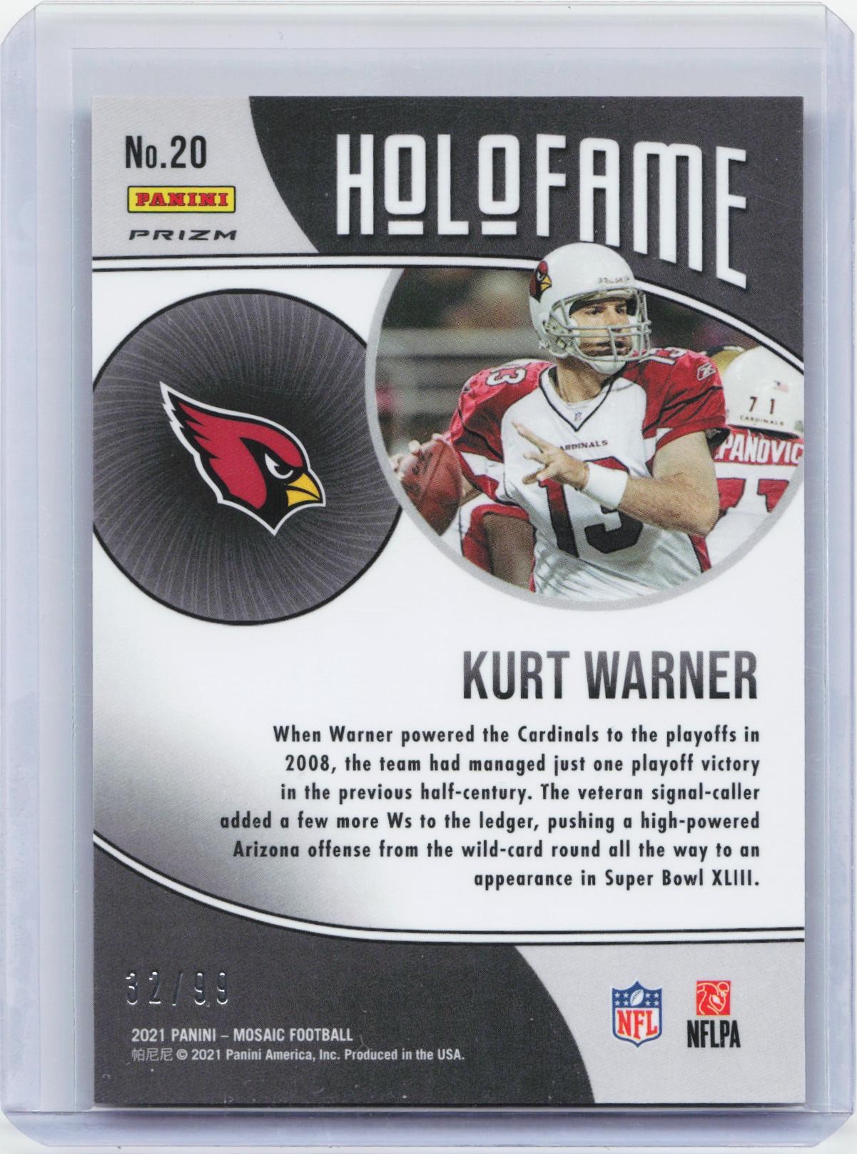 2021 Panini Mosaic #20 Kurt Warner HoloFame Mosaic Reactive Blue #/99