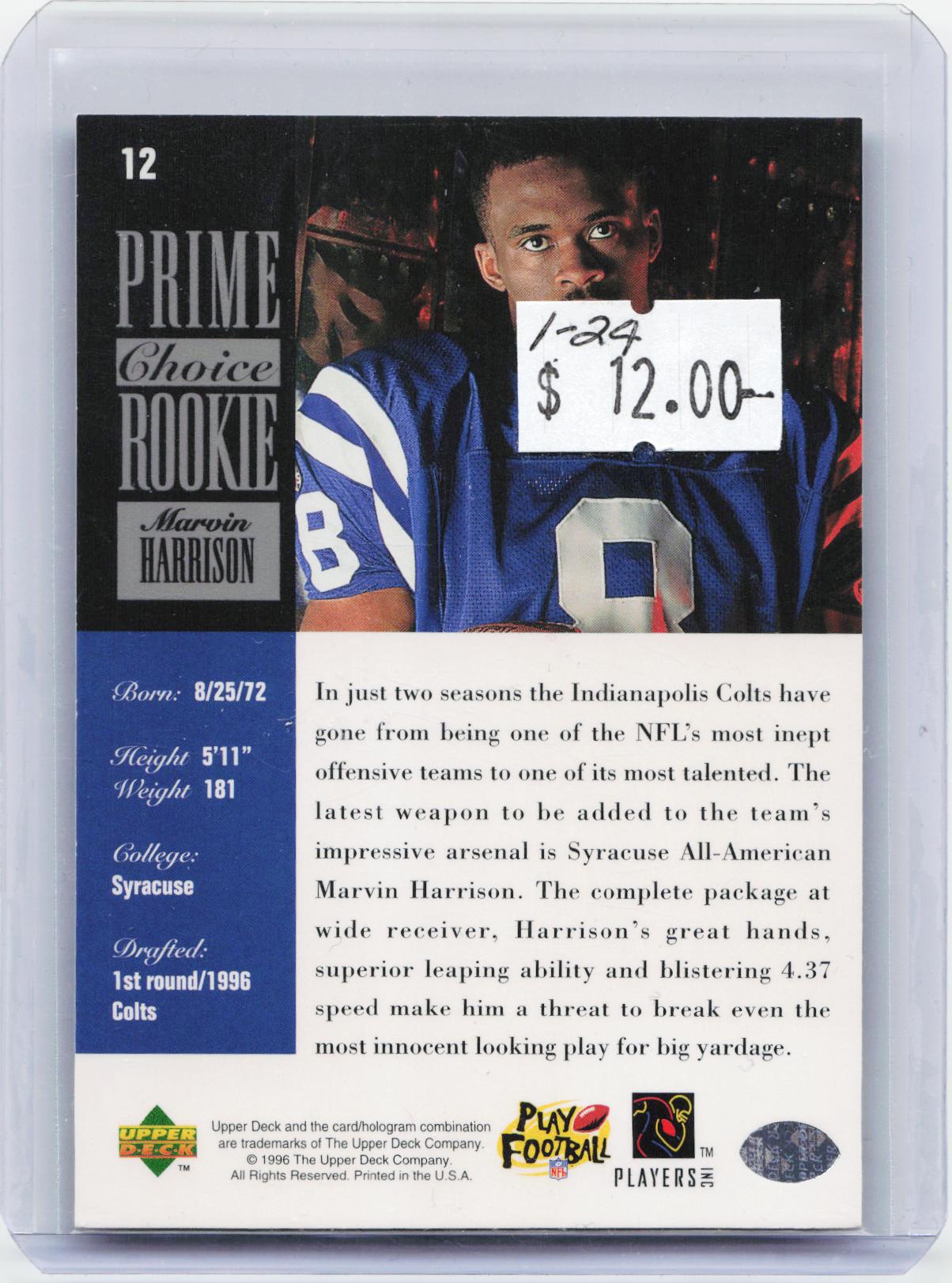 1996 Upper Deck Silver Collection #12 Marvin Harrison Prime Choice Rookies
