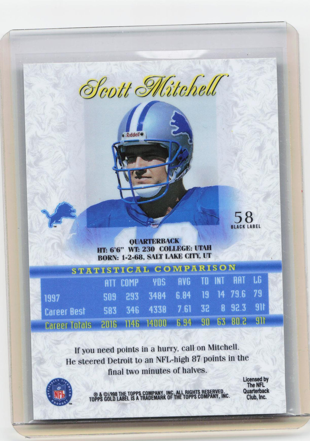 1998 Topps Gold Label #58 Scott Mitchell