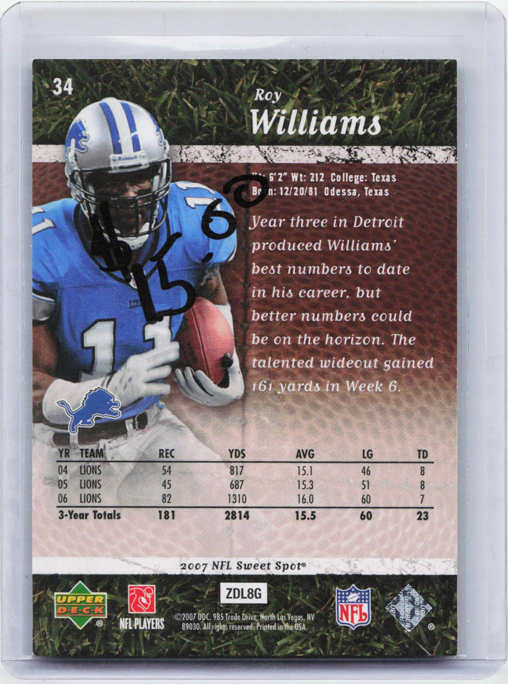 2007 Upper Deck Sweet Spot #34 Roy Williams #/499