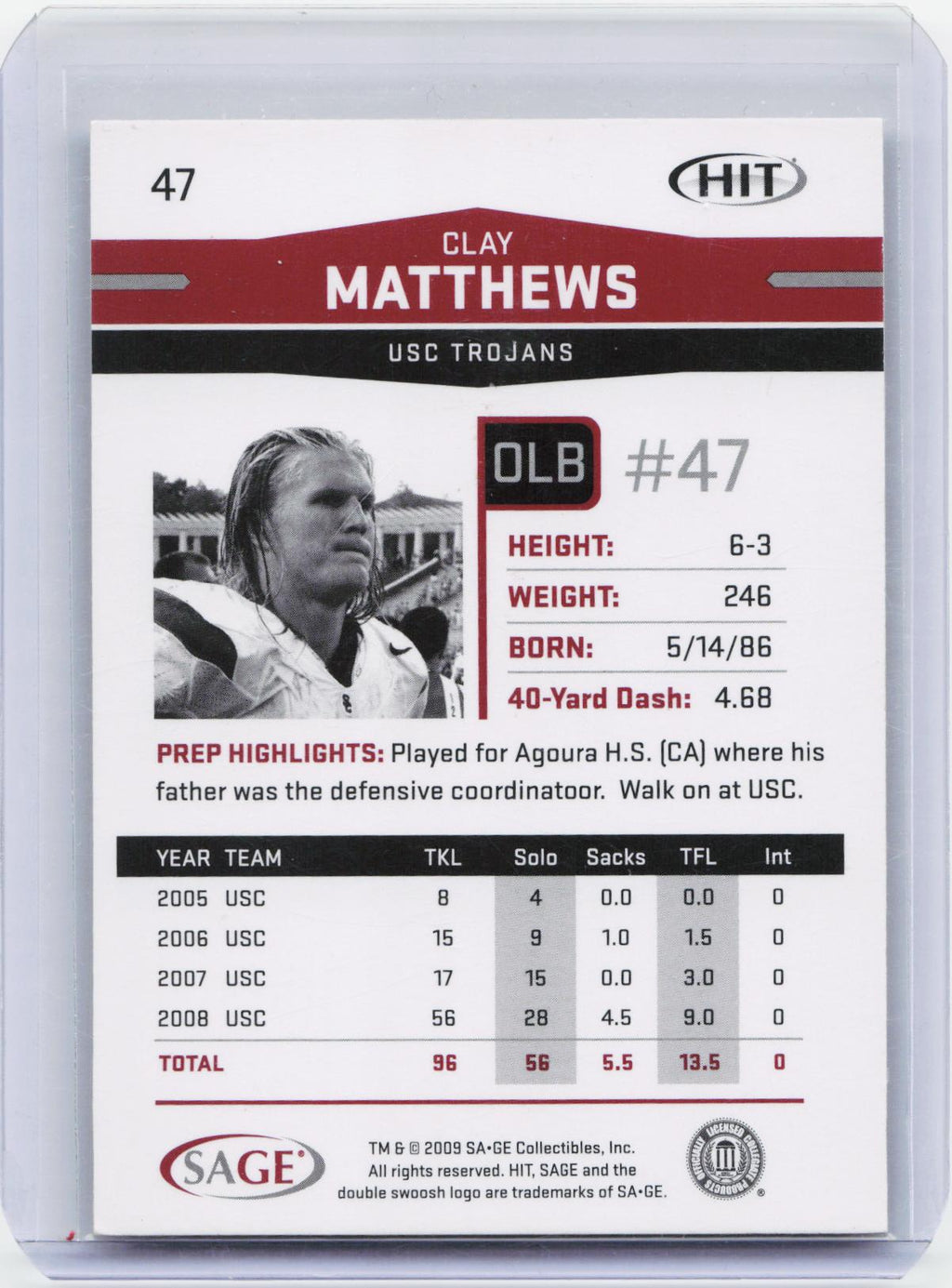 2009 SAGE HIT #47 Clay Matthews Silver