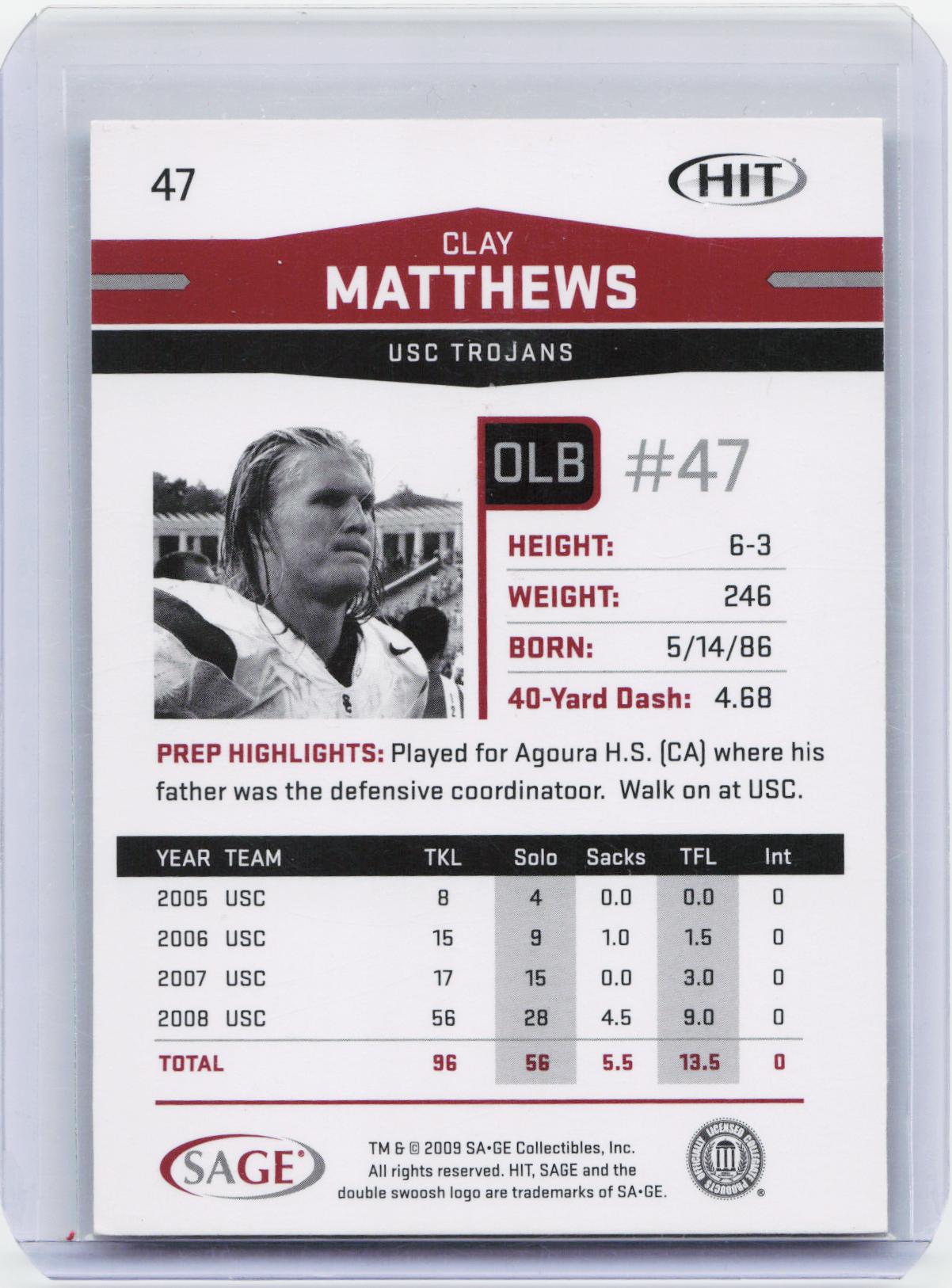2009 SAGE HIT #47 Clay Matthews Silver