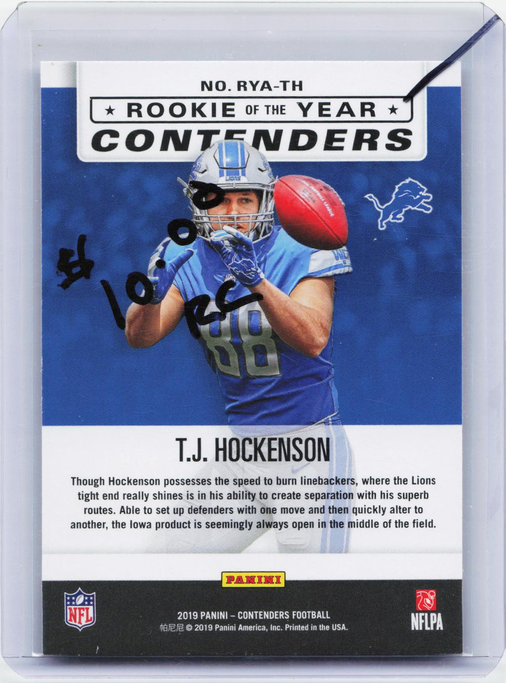 2019 Panini Contenders #RYA-TH T.J. Hockenson Rookie of the Year Contenders
