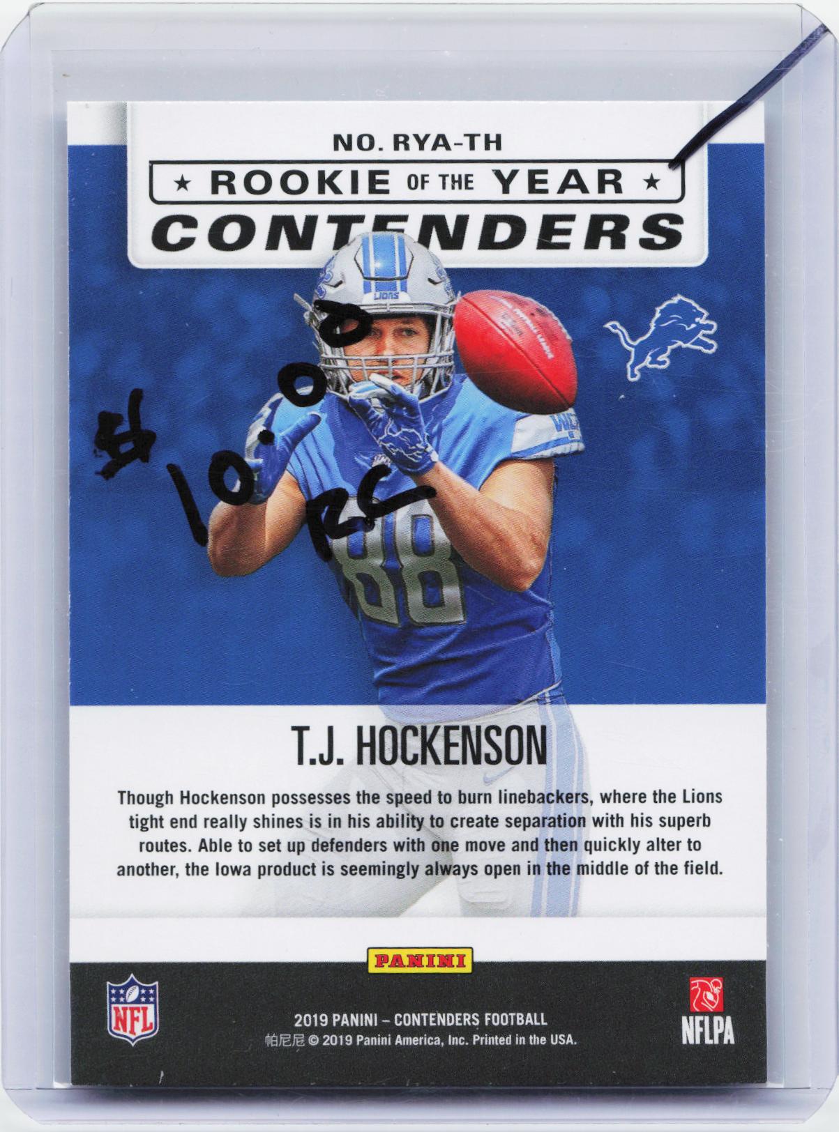 2019 Panini Contenders #RYA-TH T.J. Hockenson Rookie of the Year Contenders