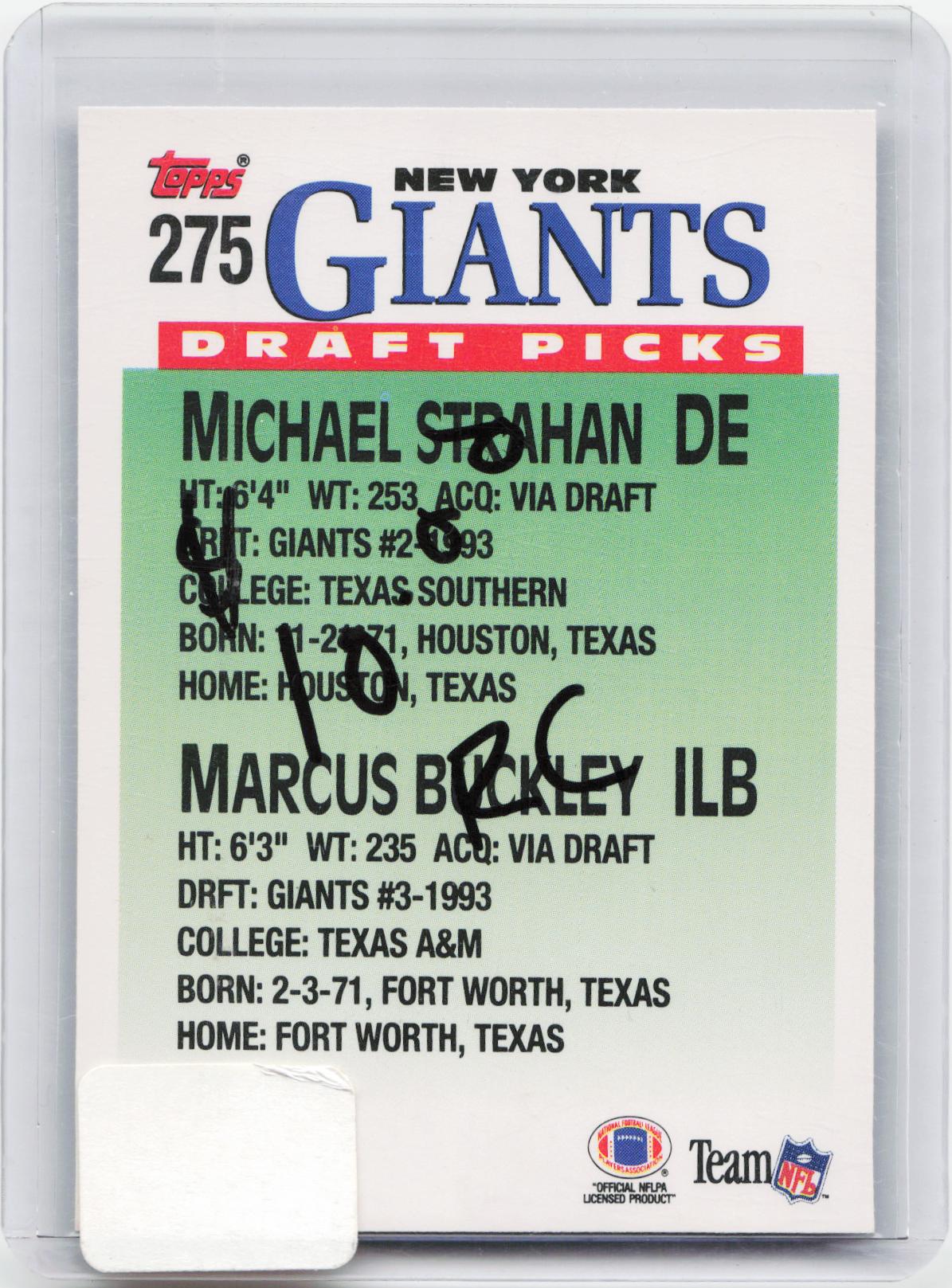 1993 Topps #275 Giants Draft Picks (Michael Strahan / Marcus Buckley) DPK, RC