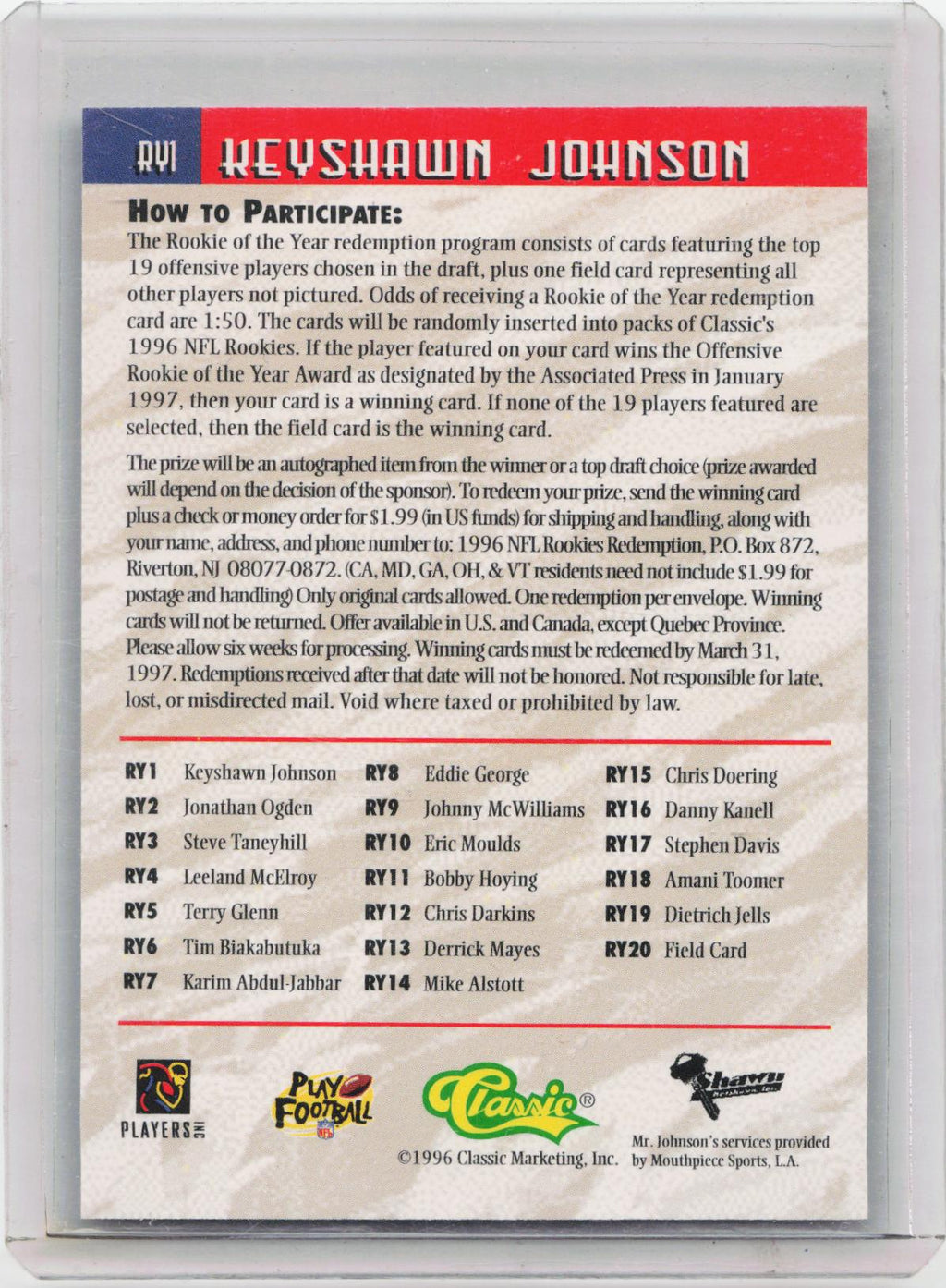 1996 Classic NFL Rookies #RY1 Keyshawn Johnson Rookie of the Year Interactive