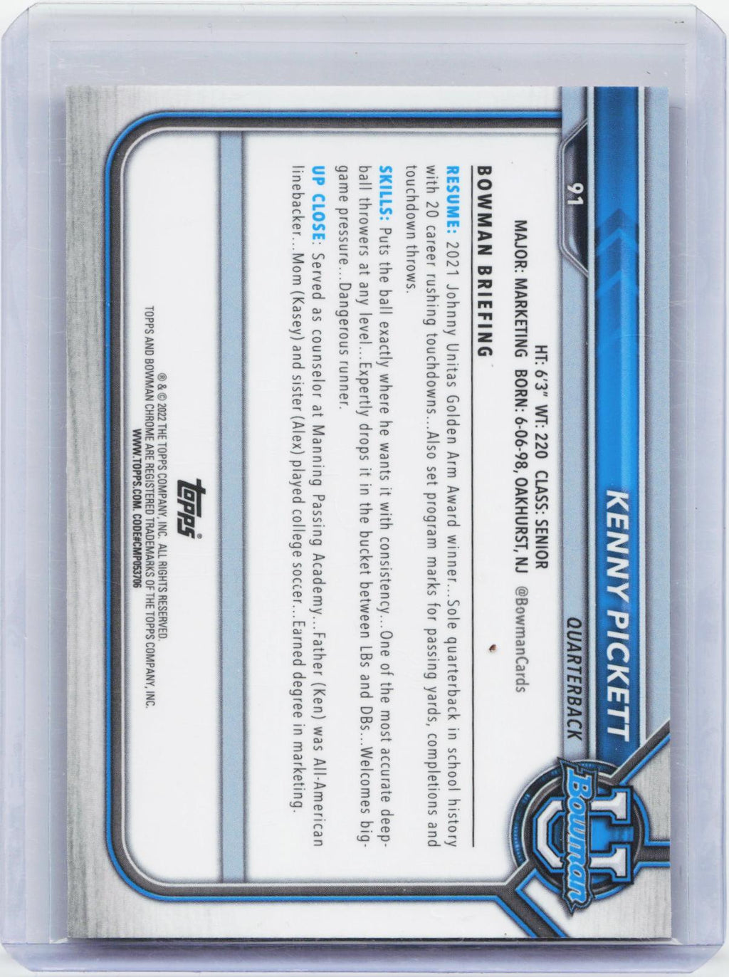 2021-22 Bowman University #91 Kenny Pickett Chrome Pink