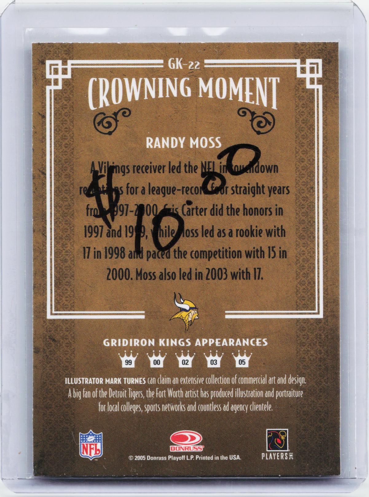 2005 Donruss Throwback Threads #GK-22 Randy Moss Gridiron Kings