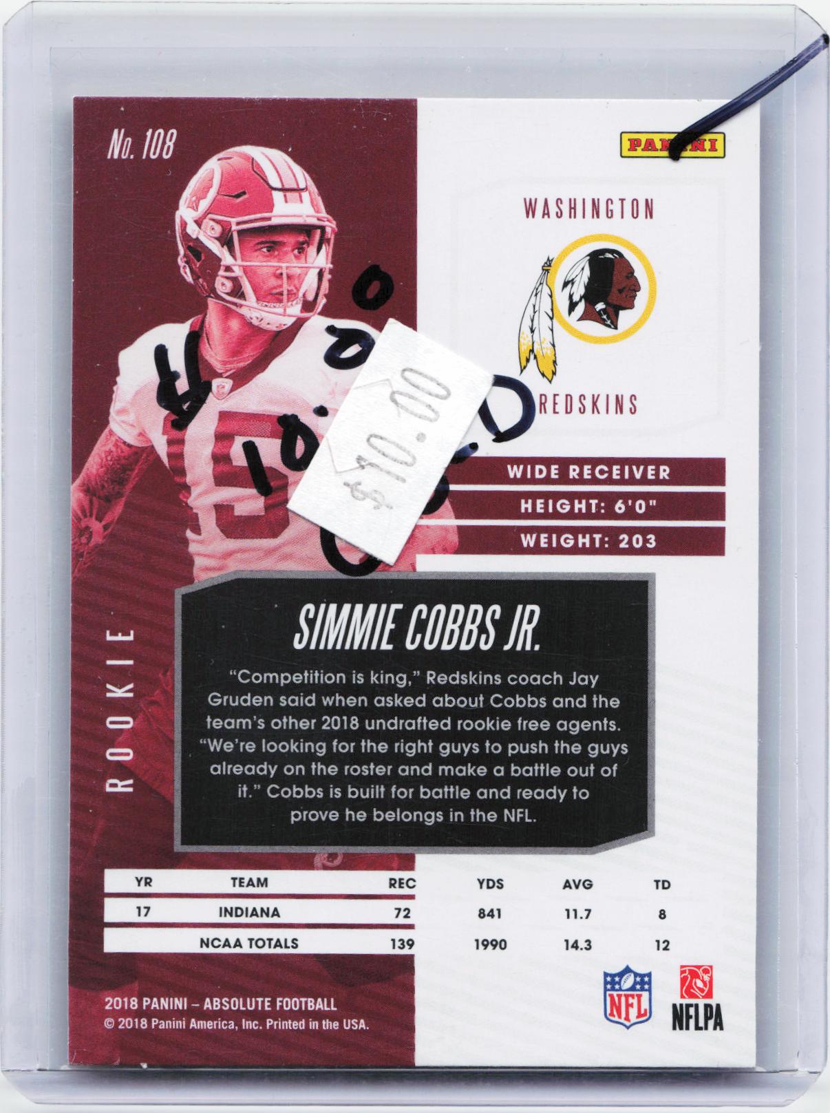 2018 Panini Absolute #108 Simmie Cobbs Jr. Spectrum Blue