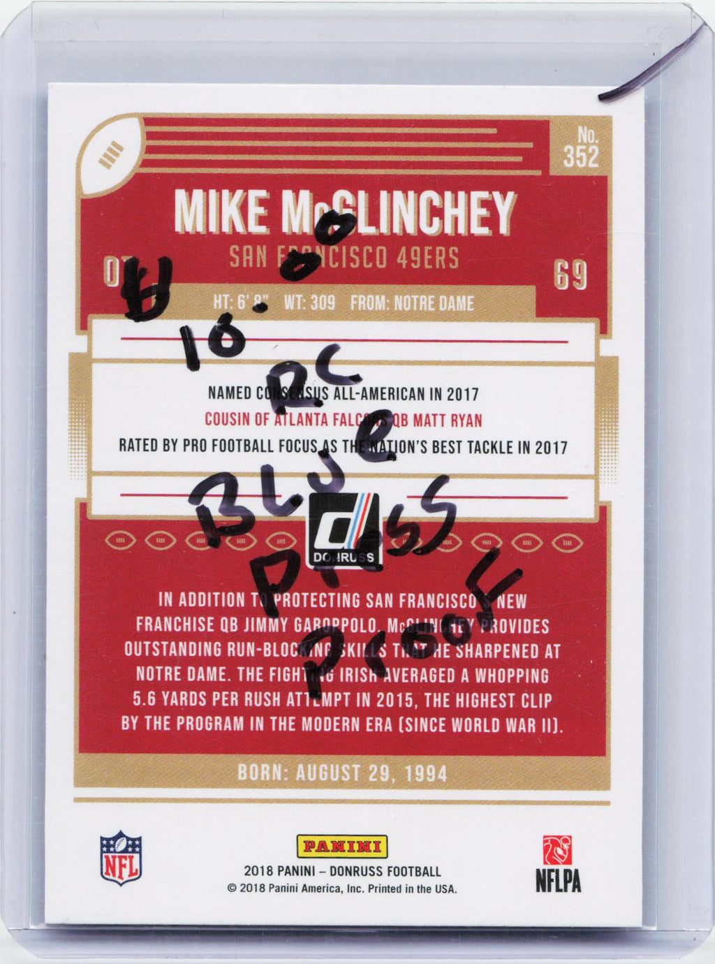 2018 Donruss #352 Mike McGlinchey Press Proof Blue