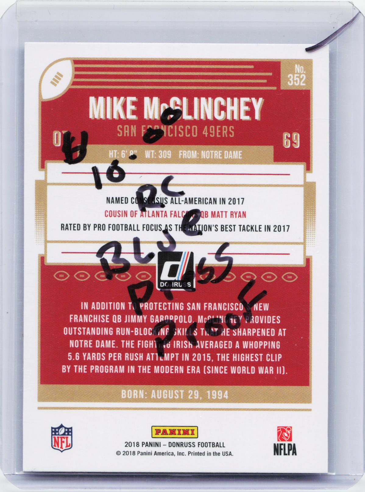 2018 Donruss #352 Mike McGlinchey Press Proof Blue