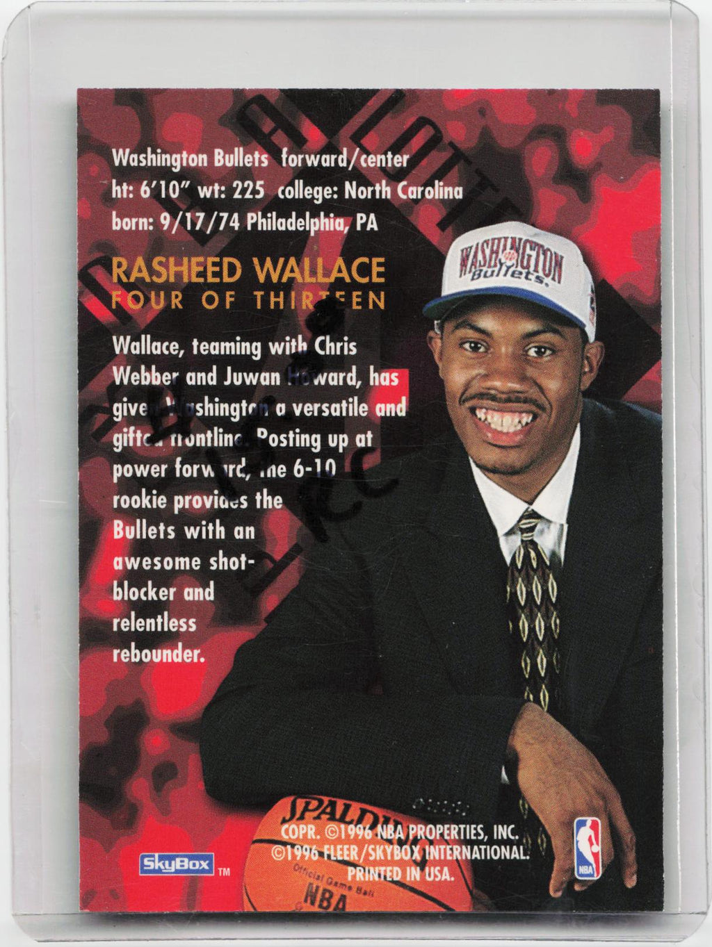 1995-96 SkyBox Premium #4 Rasheed Wallace NBA Draft Lottery Pick Exchange