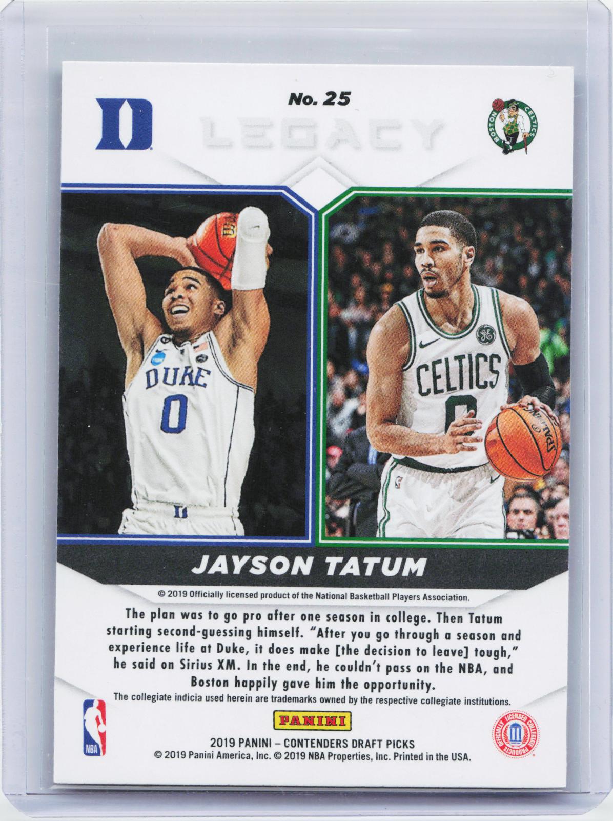 2019 Panini Contenders Draft Picks #25 Jayson Tatum Legacy