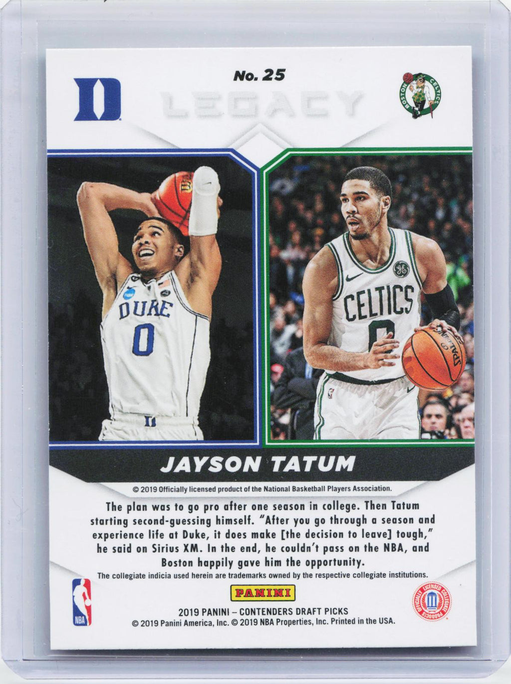 2019 Panini Contenders Draft Picks #25 Jayson Tatum Legacy