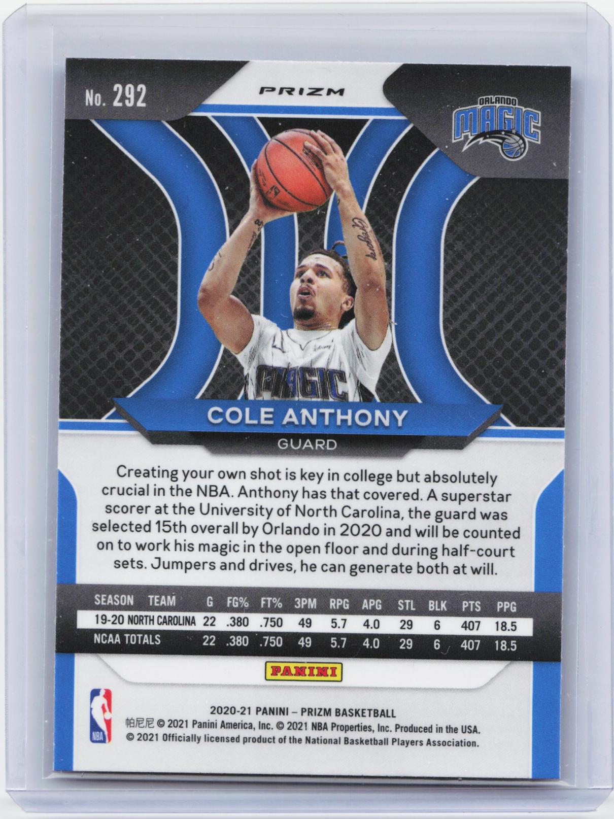 2020-21 Panini Prizm #292 Cole Anthony Green Prizms
