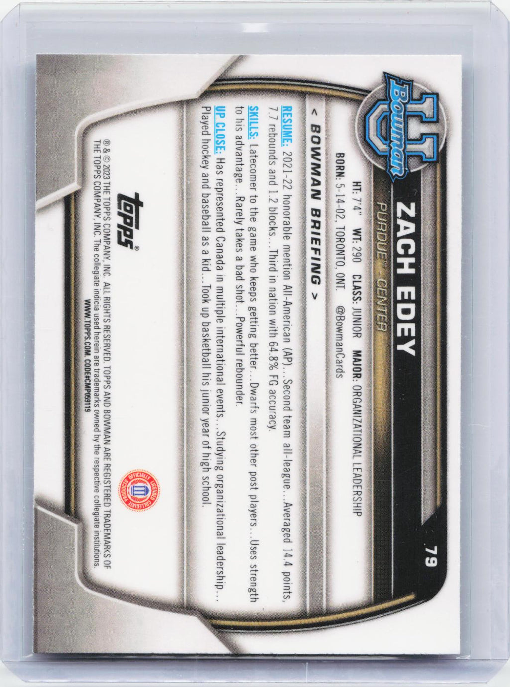 2022-23 Bowman University Chrome #79 Zach Edey