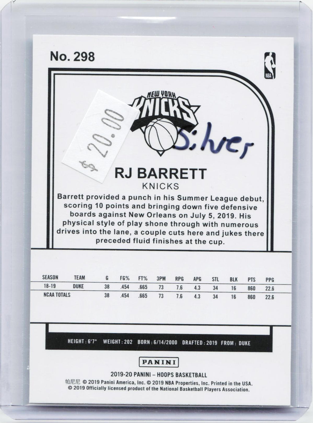 2019-20 Hoops #298 RJ Barrett