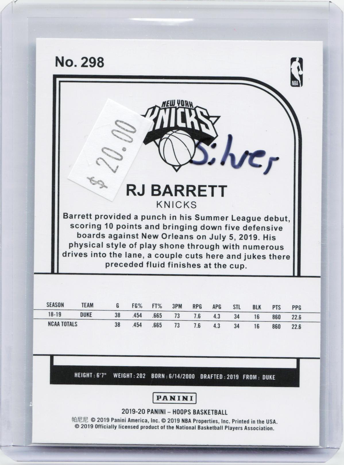 2019-20 Hoops #298 RJ Barrett
