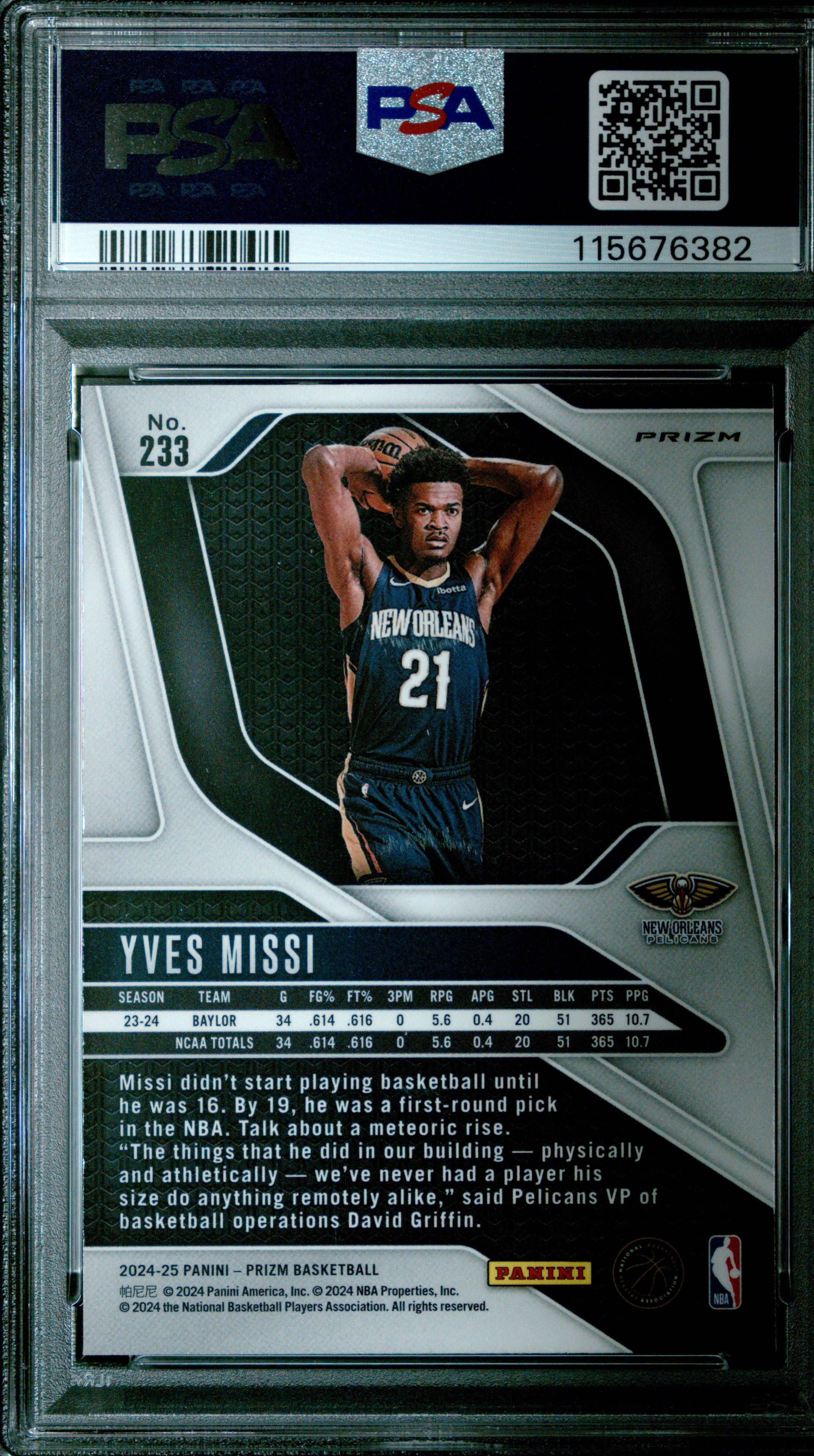 2024-25 Panini Prizm #233 Yves Missi Prizms Green PSA 9