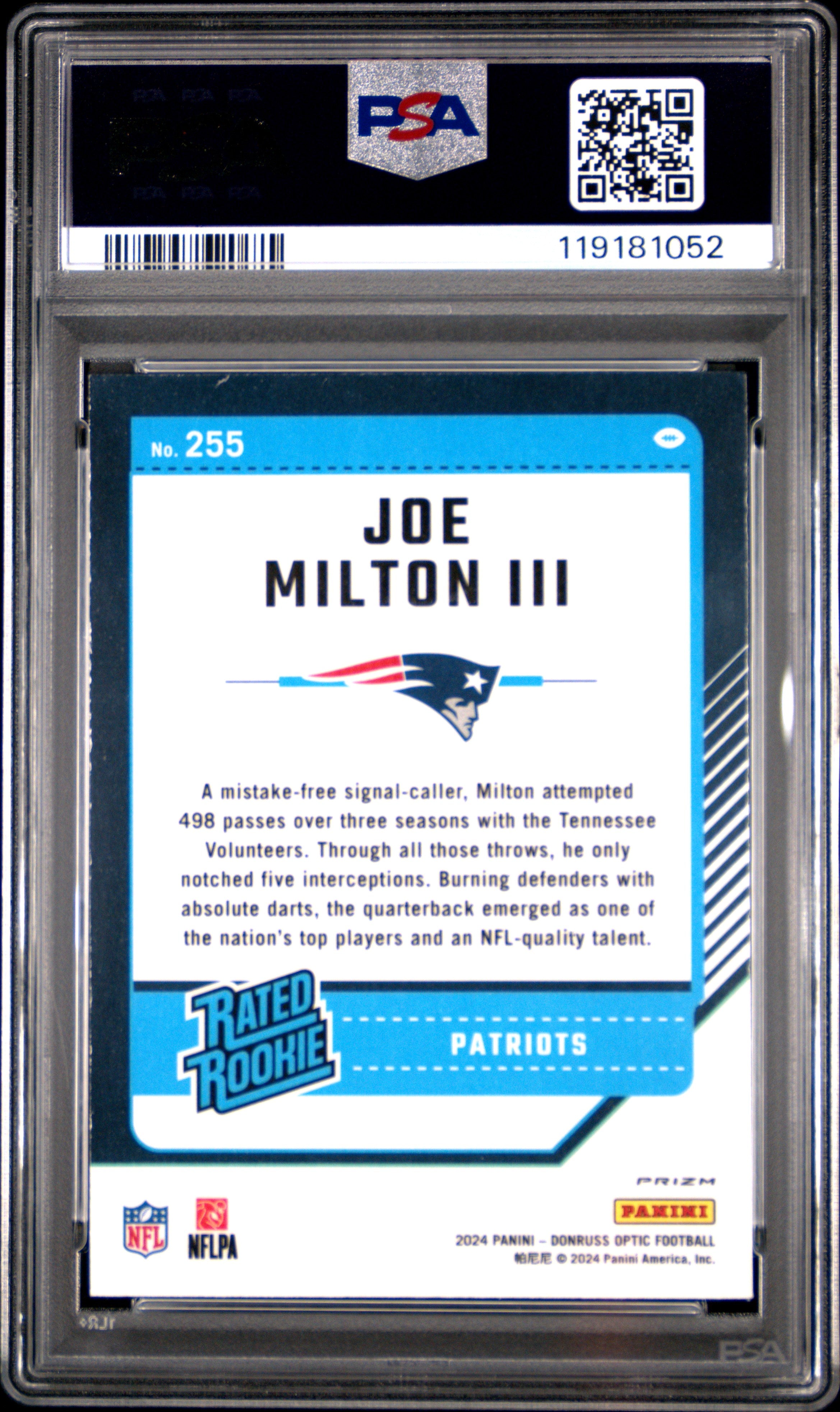 2024 Donruss Optic #255 Joe Milton III Holo PSA 10