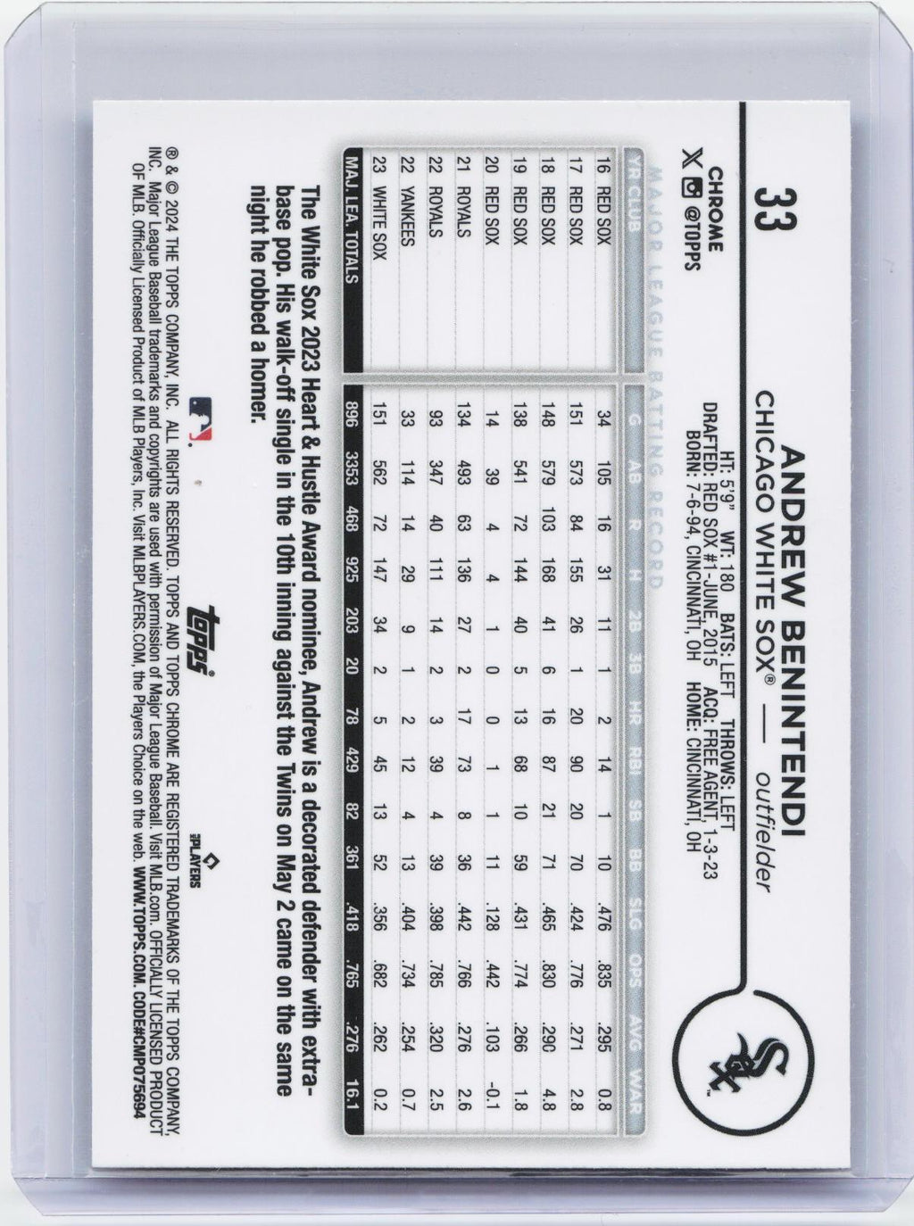 2024 Topps Chrome #33 Andrew Benintendi Raywave Refractors