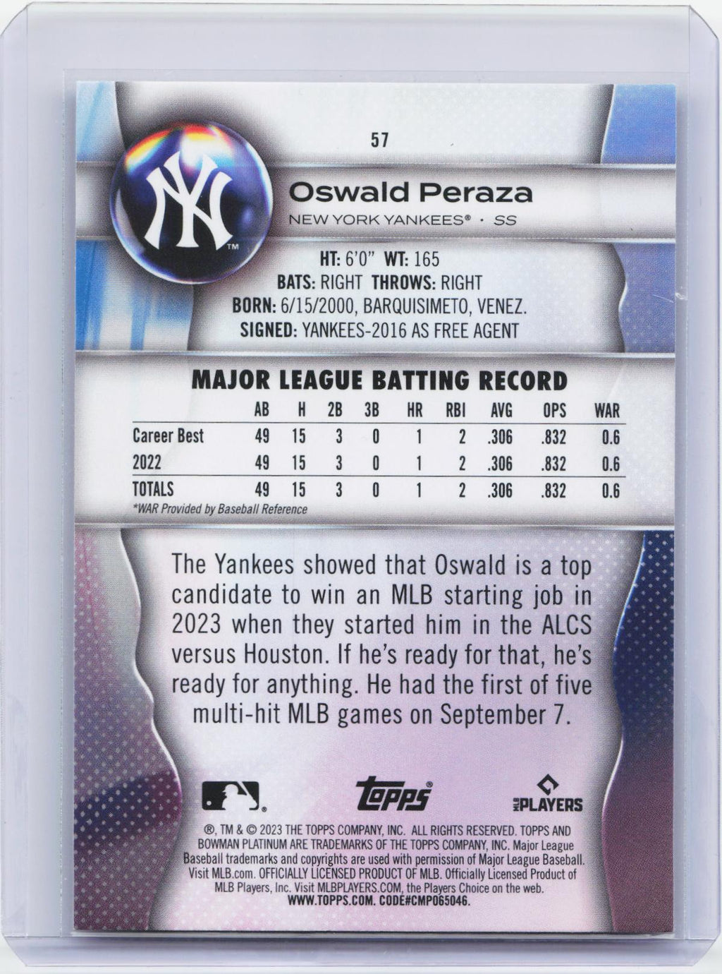 2023 Bowman Platinum #57 Oswald Peraza Ice Foil