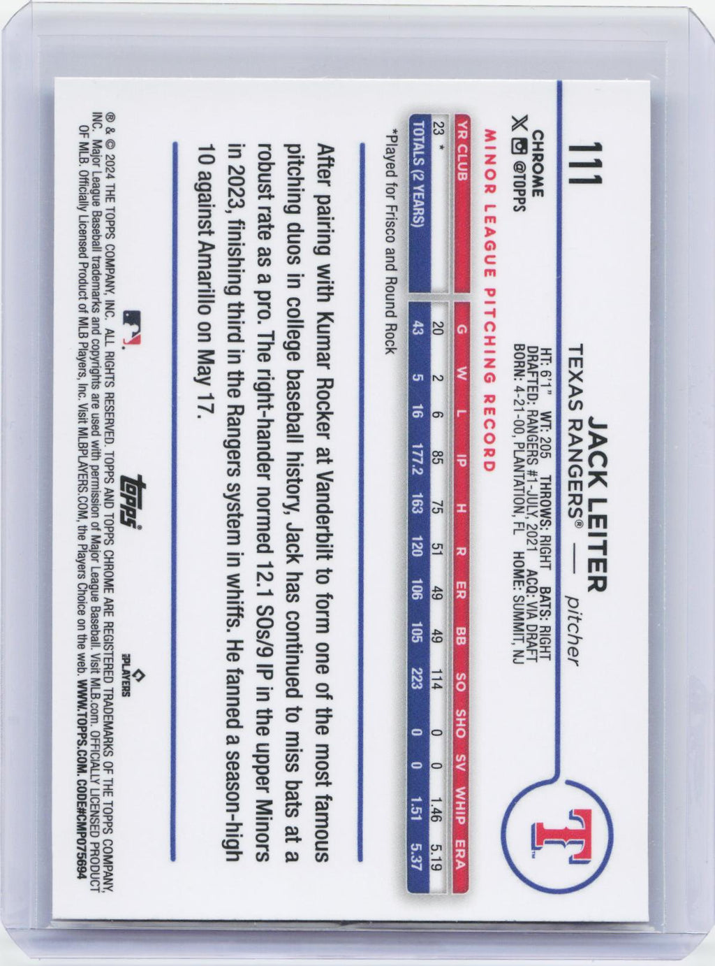 2024 Topps Chrome #111 Jack Leiter X-Fractors