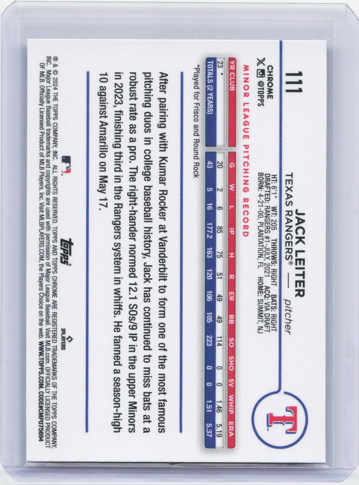 2024 Topps Chrome #111 Jack Leiter X-Fractors