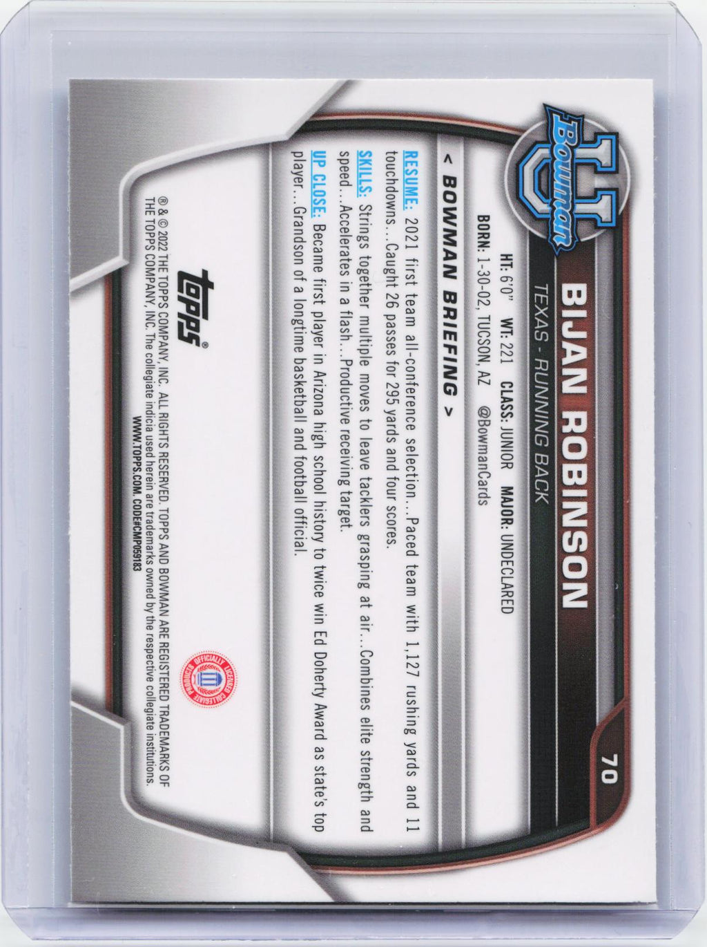 2022 Bowman University Chrome #70 Bijan Robinson