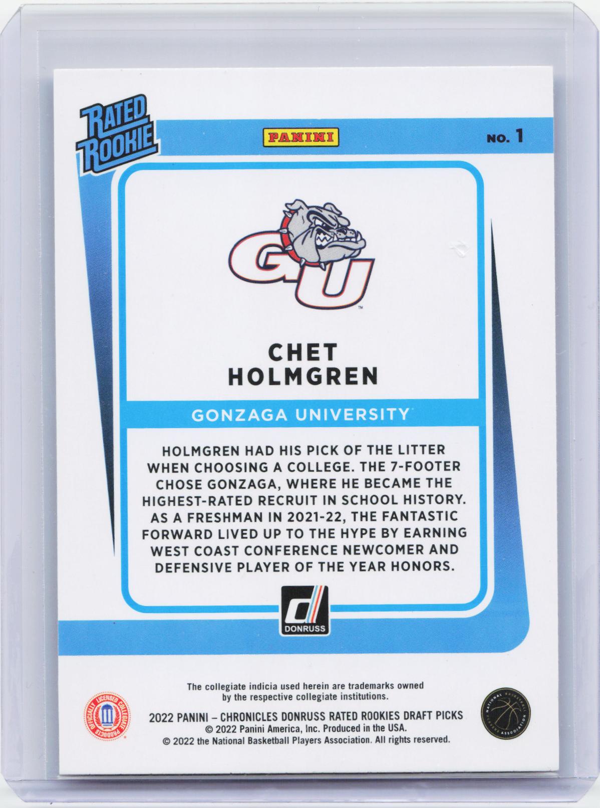 2022 Panini Chronicles Draft Picks #1 Chet Holmgren Donruss Rated Rookies