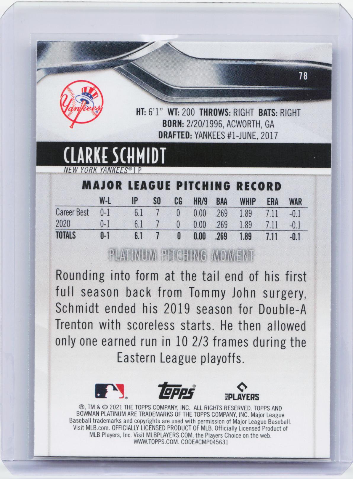 2021 Bowman Platinum #78 Clarke Schmidt