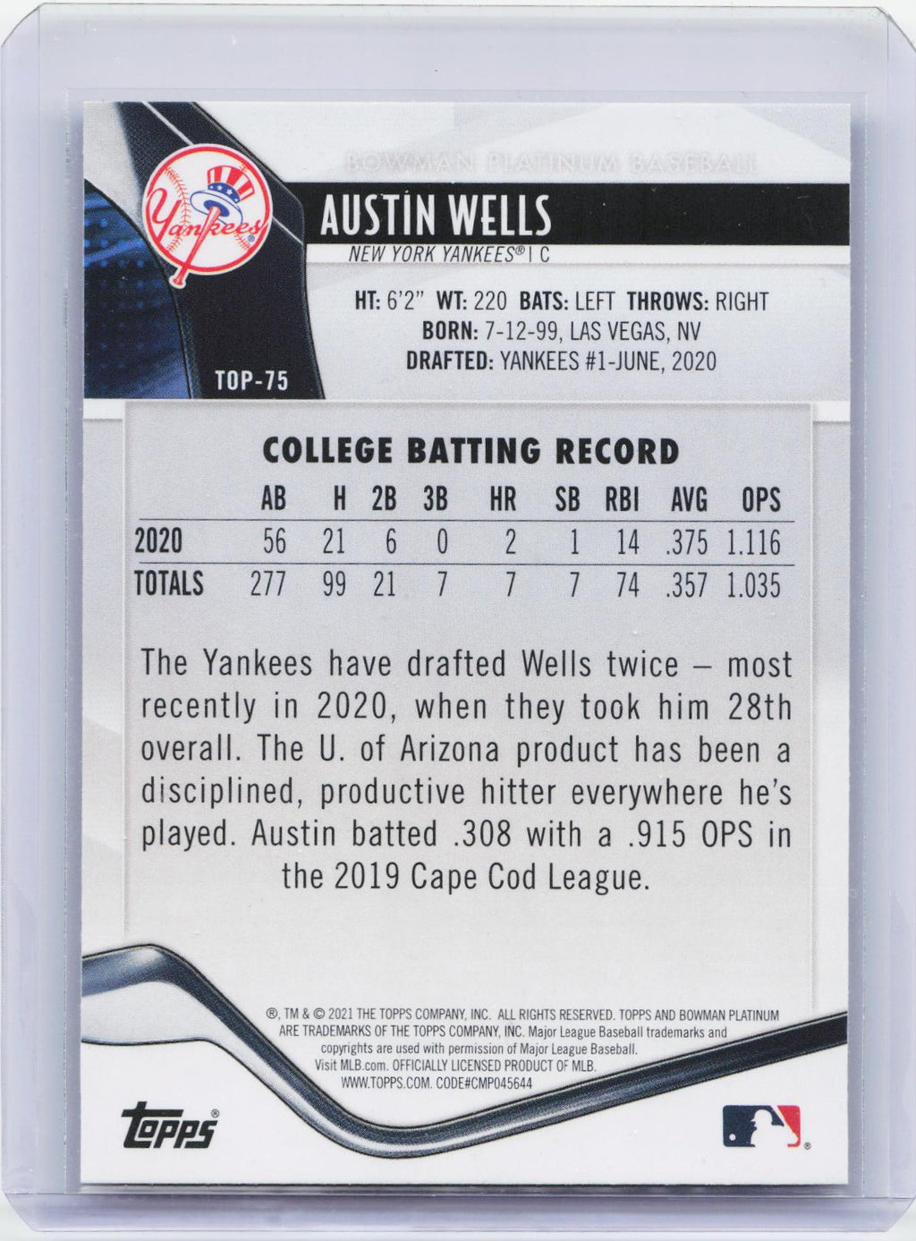 2021 Bowman Platinum #TOP-75 Austin Wells Top Prospects