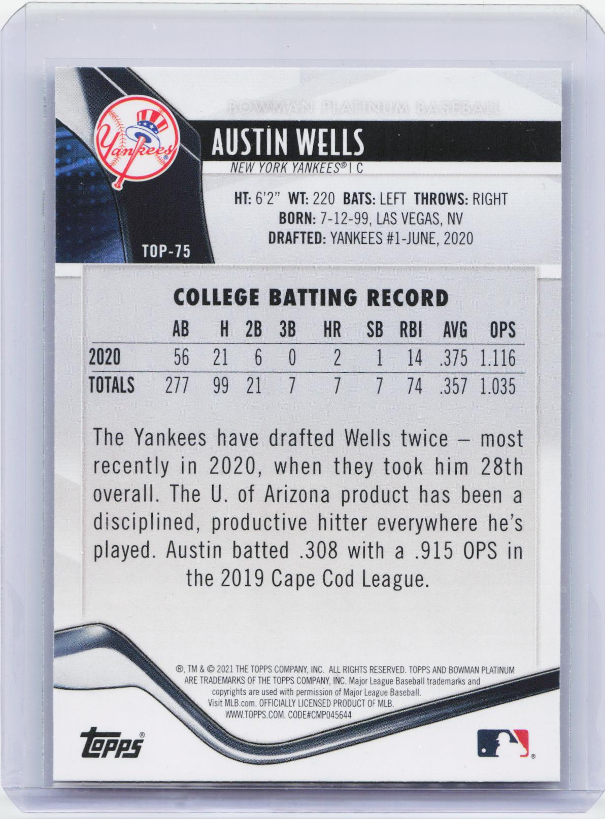 2021 Bowman Platinum #TOP-75 Austin Wells Top Prospects