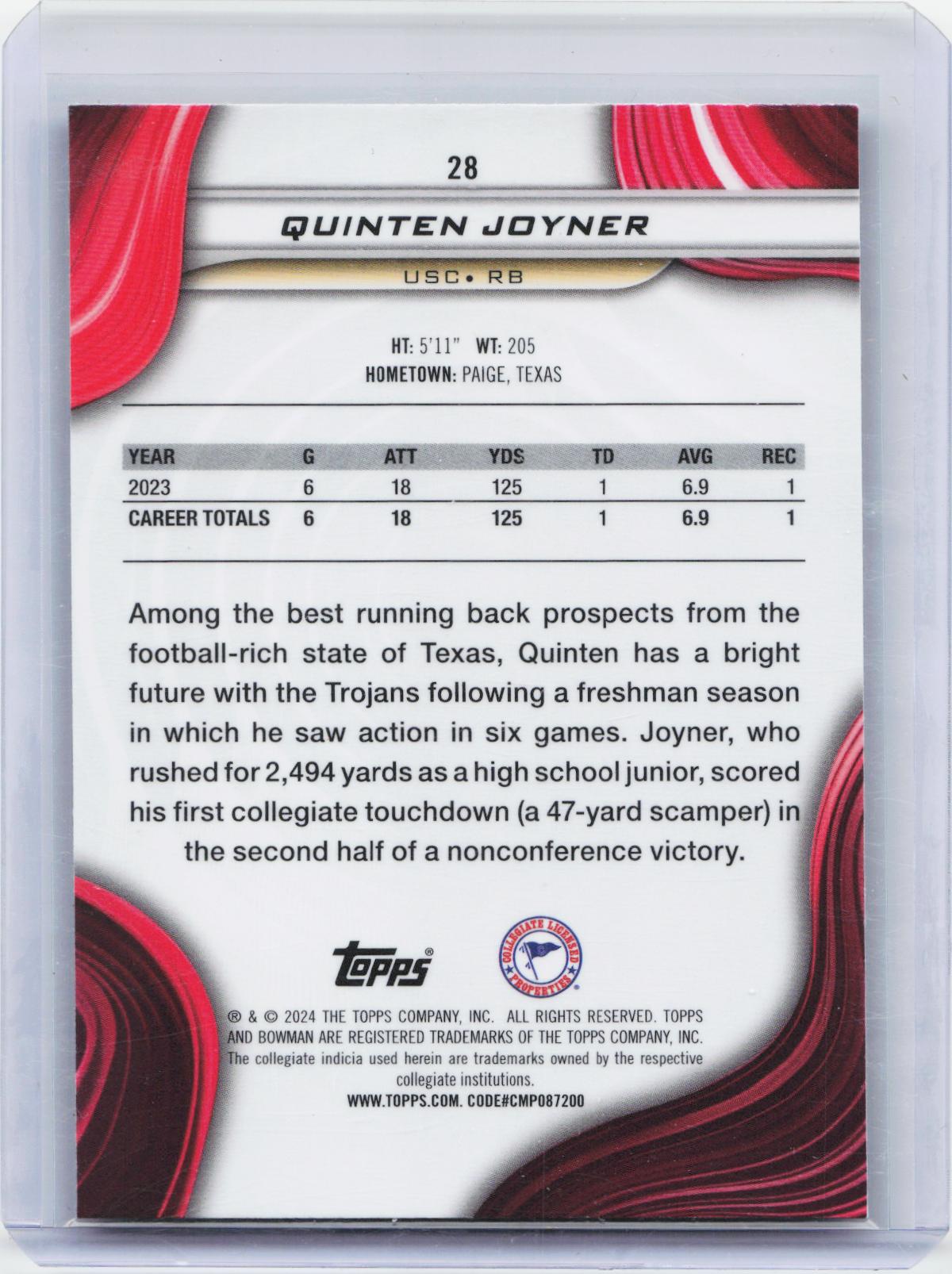 2024 Bowman University Best #28 Quinten Joyner