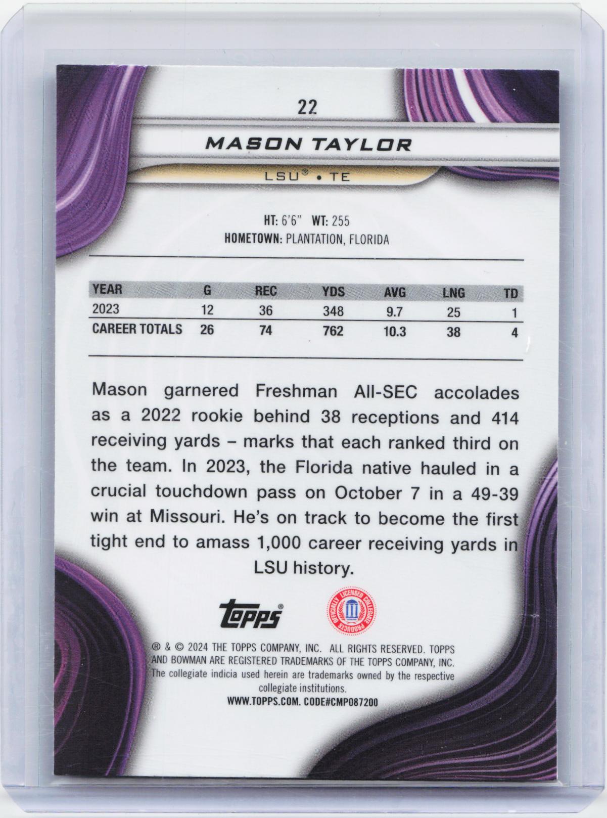 2024 Bowman University Best #22 Mason Taylor