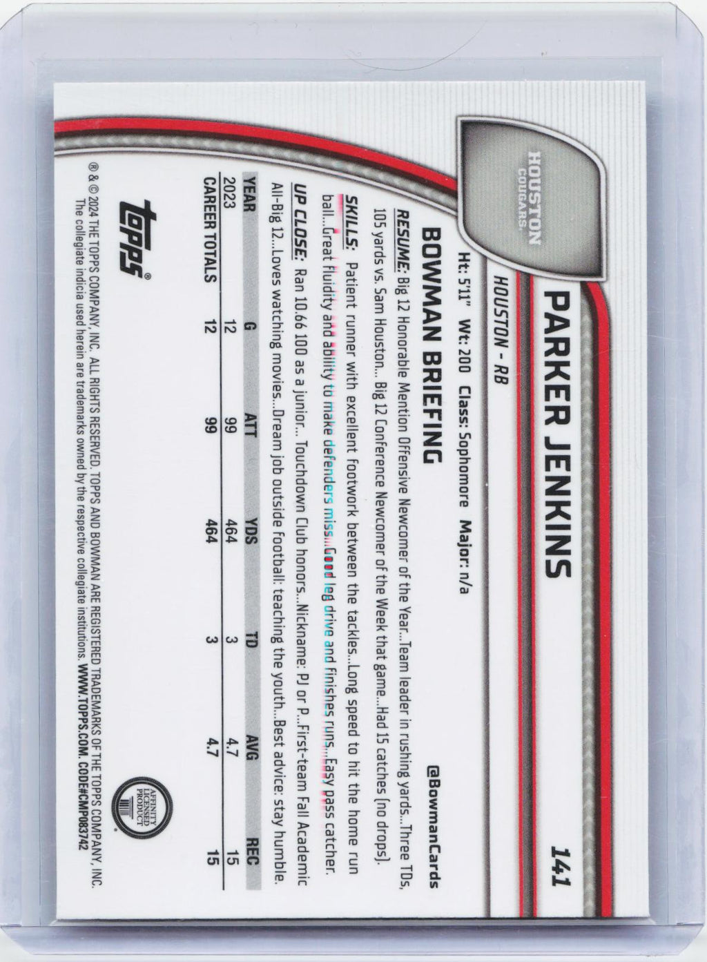 2024 Bowman University Chrome #141 Parker Jenkins