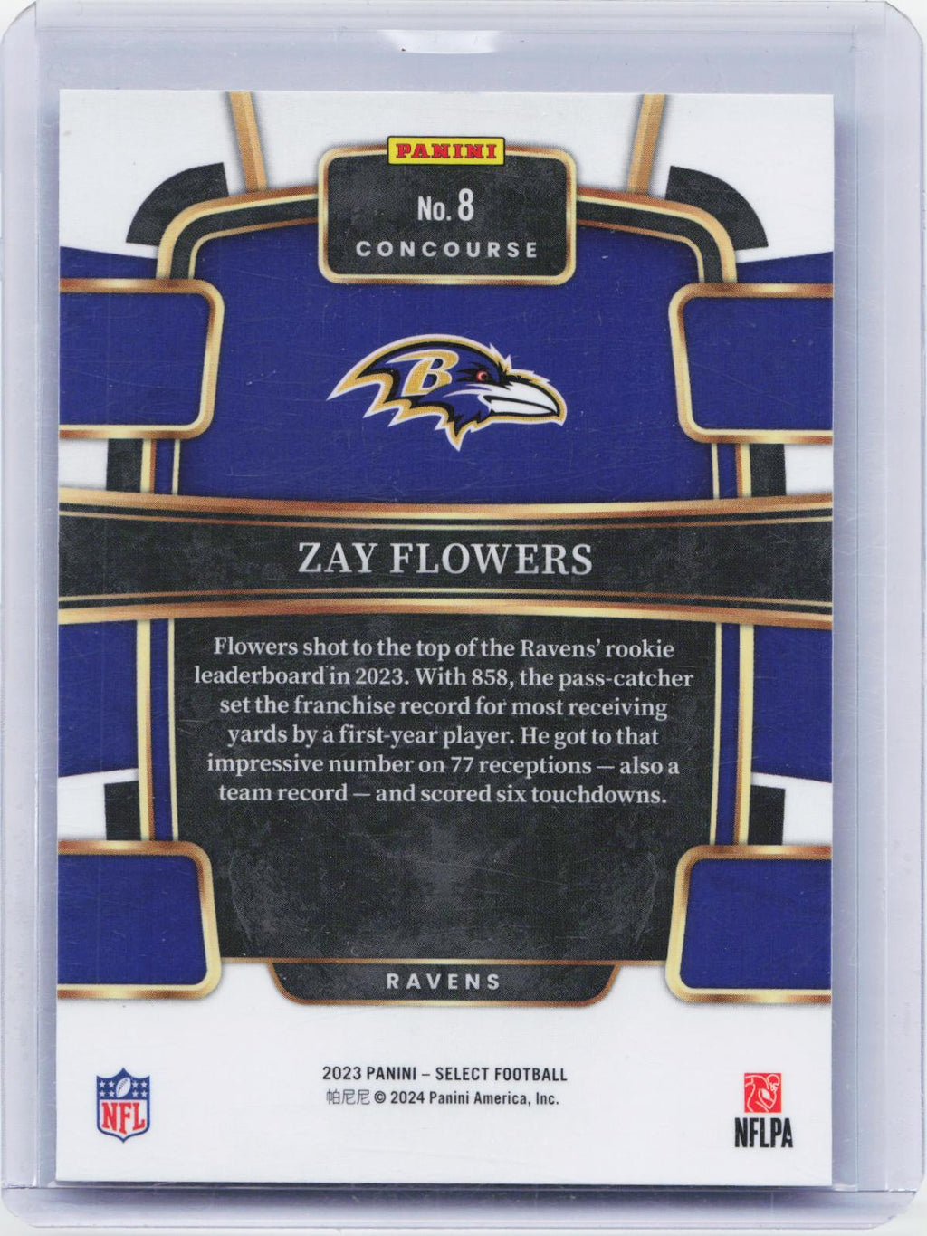 2024 Panini Select #401 Zay Flowers The Sporting News banner on the back