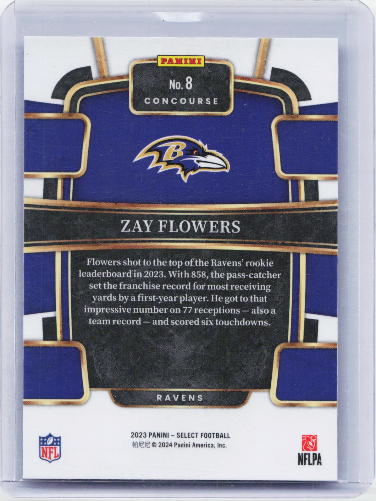 2024 Panini Select #401 Zay Flowers The Sporting News banner on the back