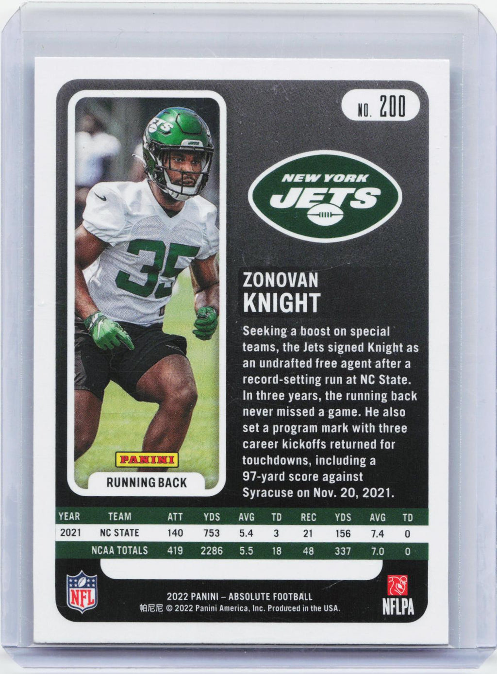 2022 Panini Absolute #200 Zonovan Knight Retail