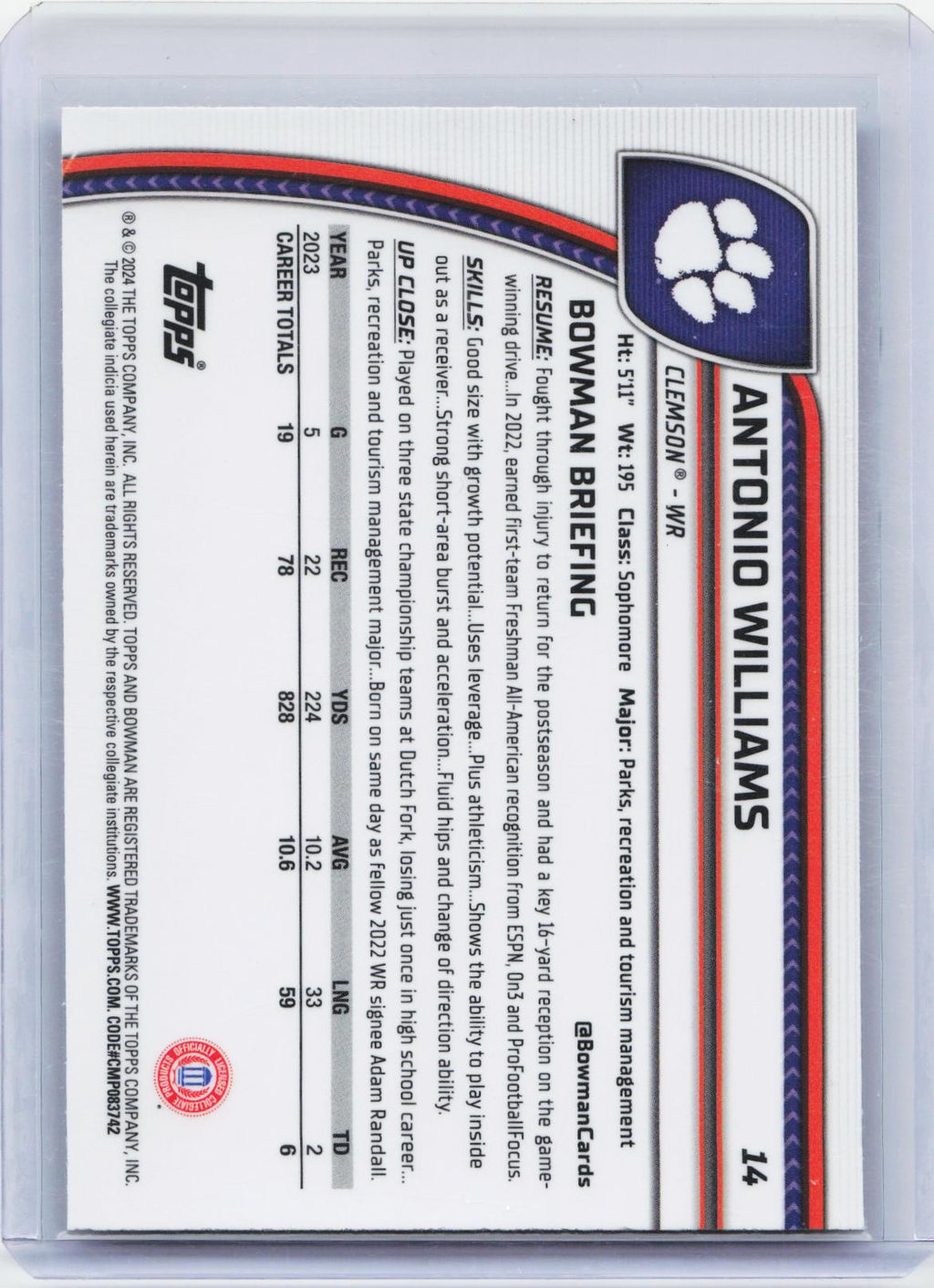 2024 Bowman University Chrome #14 Antonio Williams Purple Shimmer Refractor