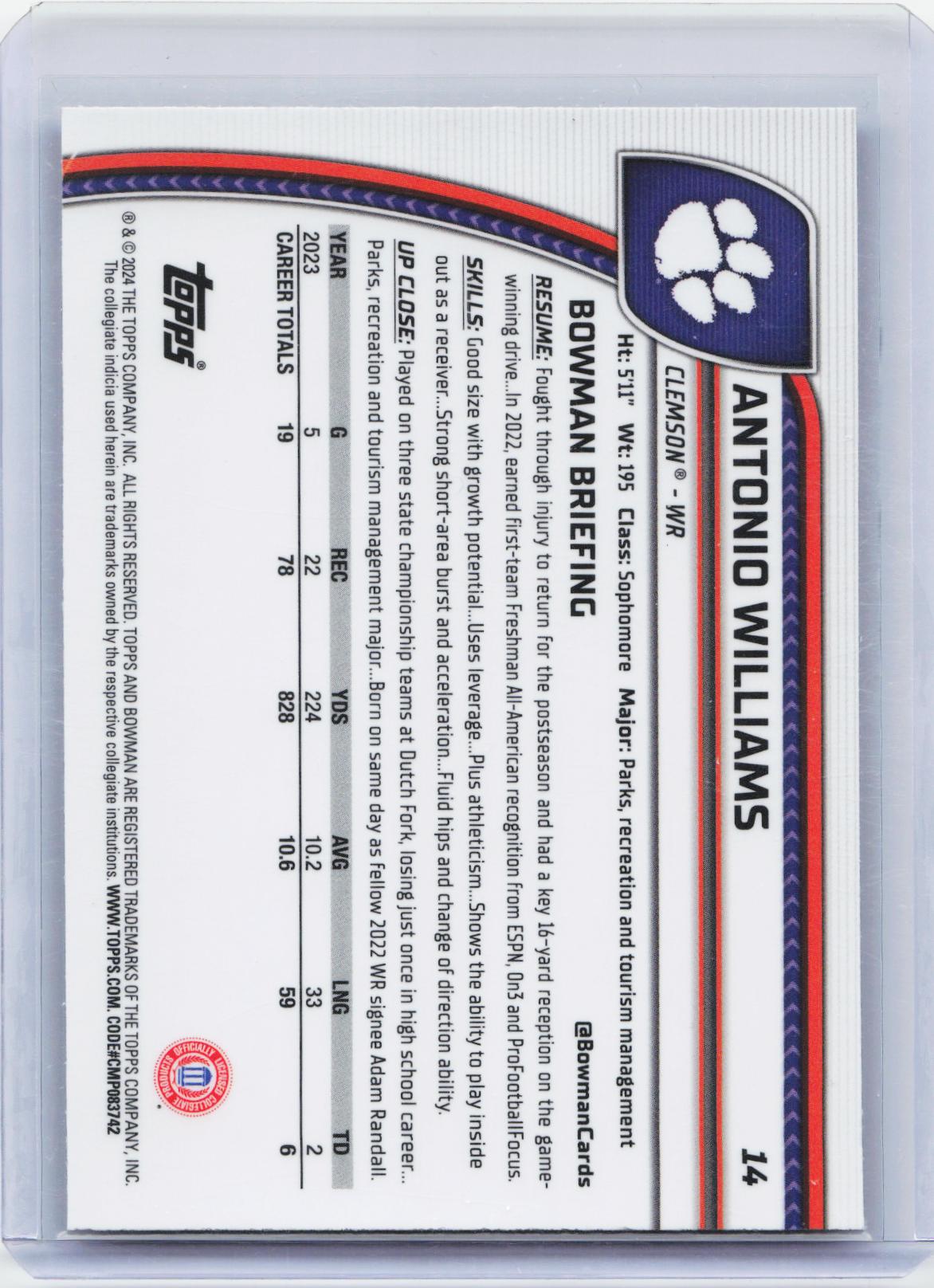 2024 Bowman University Chrome #14 Antonio Williams Purple Shimmer Refractor
