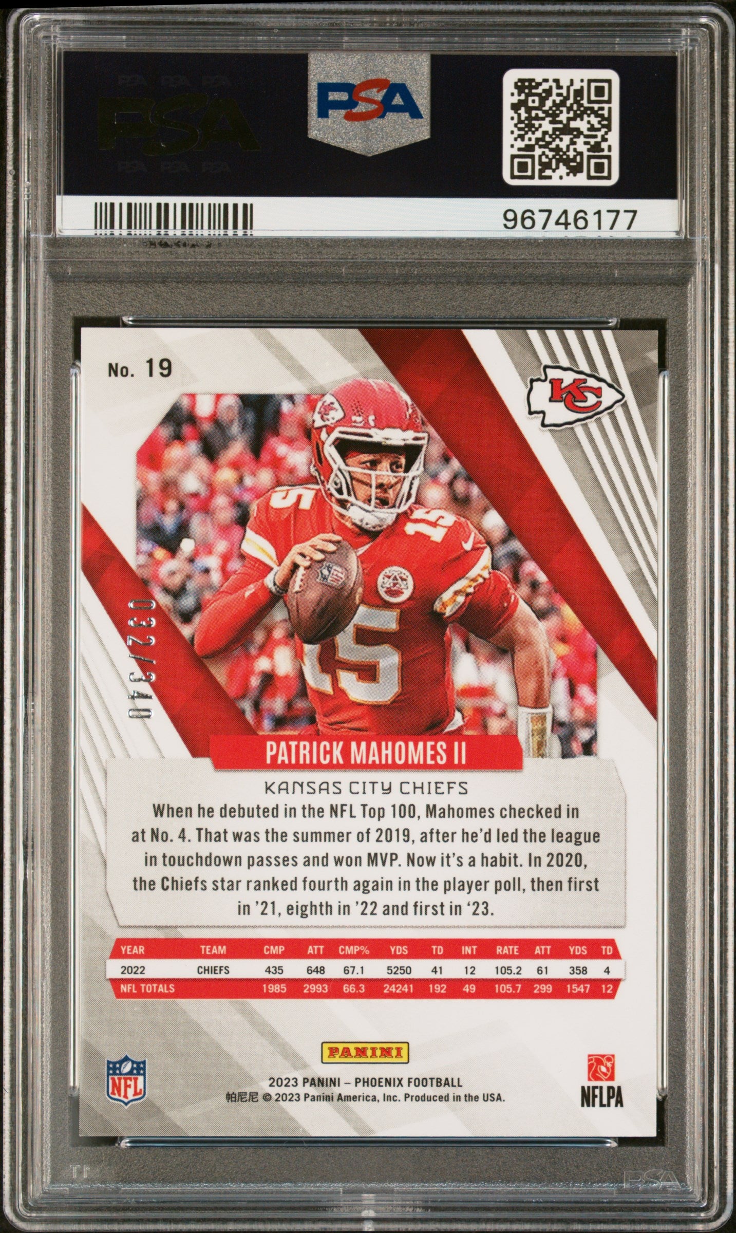 2023 Panini Phoenix #19 Patrick Mahomes II Fire Burst PSA 10 #/340