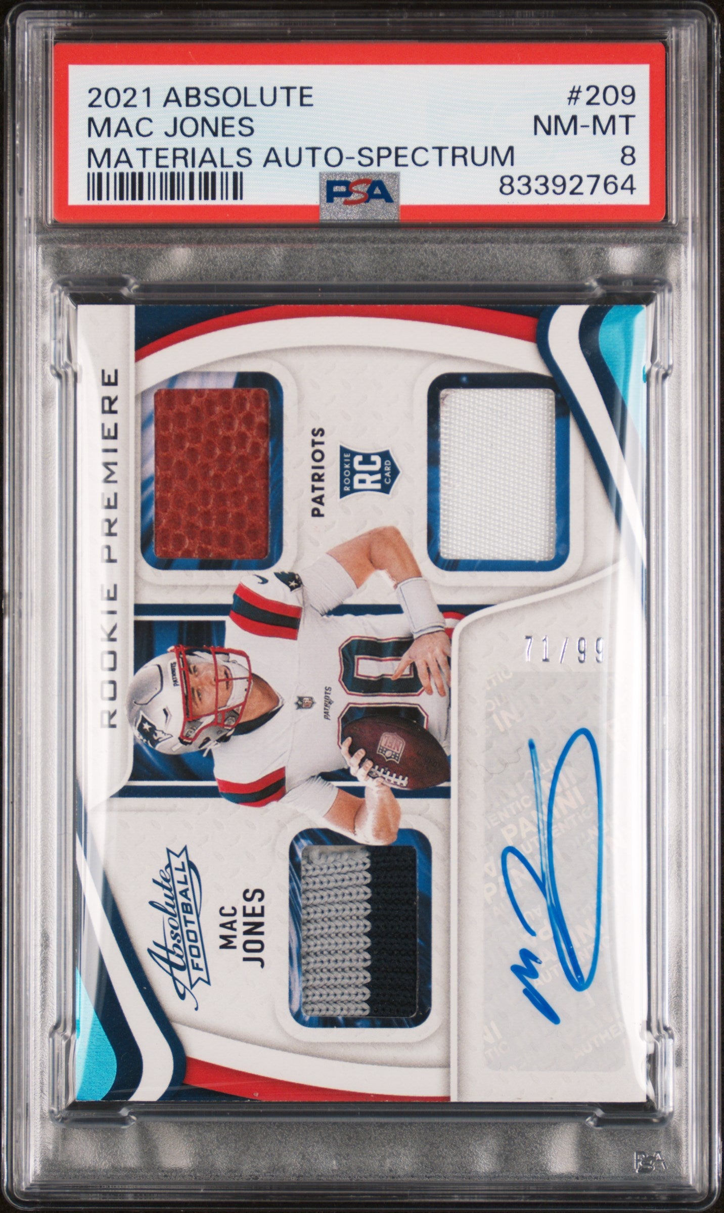 2021 Absolute #209 Mac Jones Rookie Premiere Materials Auto Spectrum PSA 8 #/99