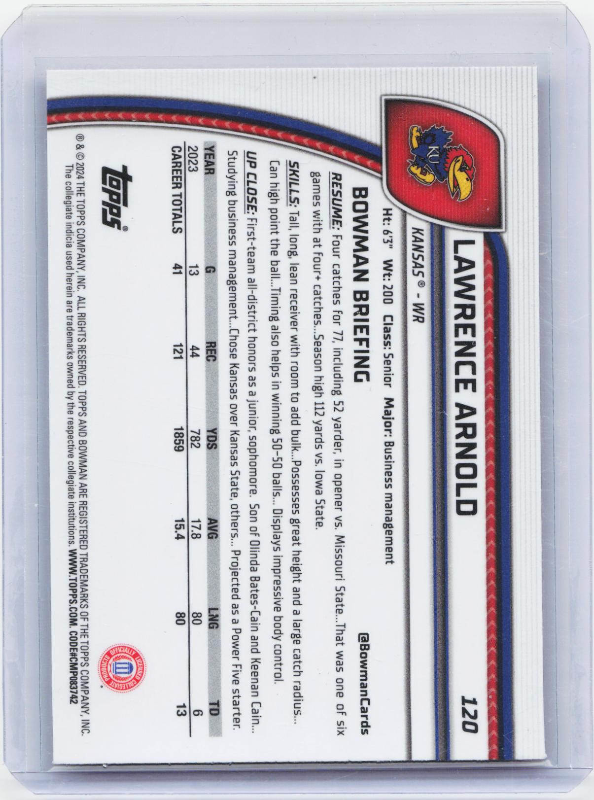 2024 Bowman University Chrome #120 Lawrence Arnold Pink Lava Refractor