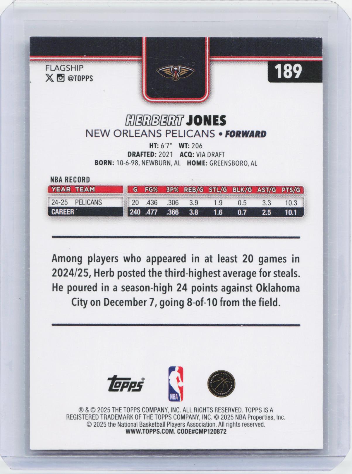 2025-26 Topps #189 Herbert Jones Crackleboard Gold #/50