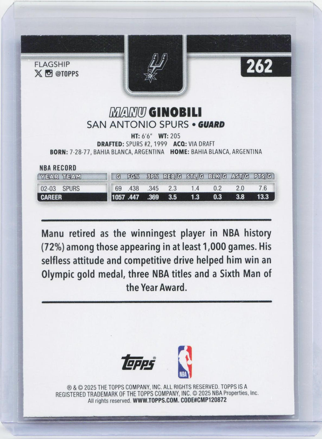 2025-26 Topps #262 Manu Ginobili Purple Rainbow #/250