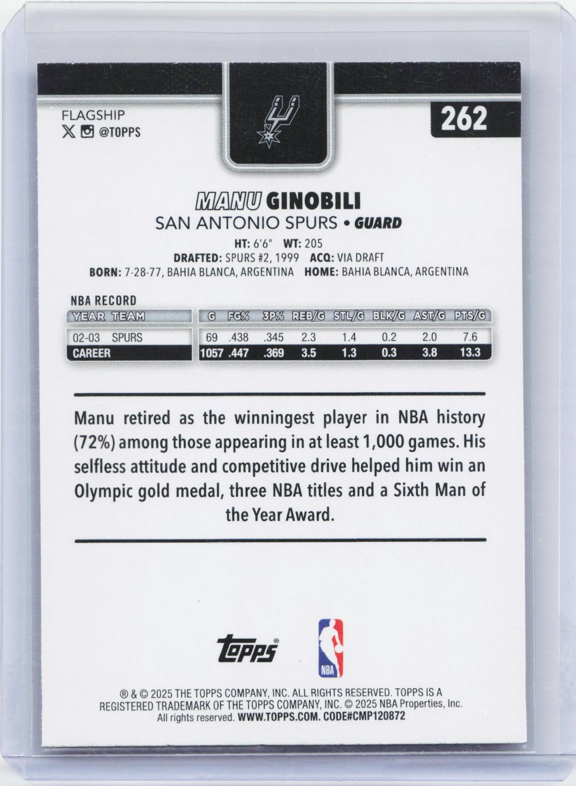2025-26 Topps #262 Manu Ginobili Purple Rainbow #/250