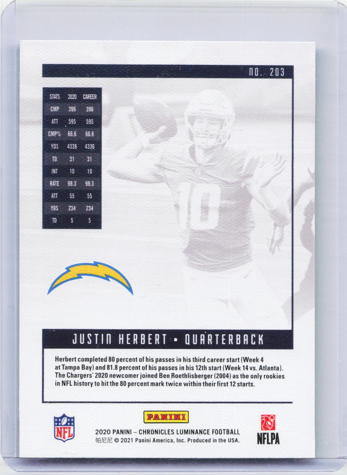 2020 Panini Chronicles #203 Justin Herbert Luminance Update Rookies Pink
