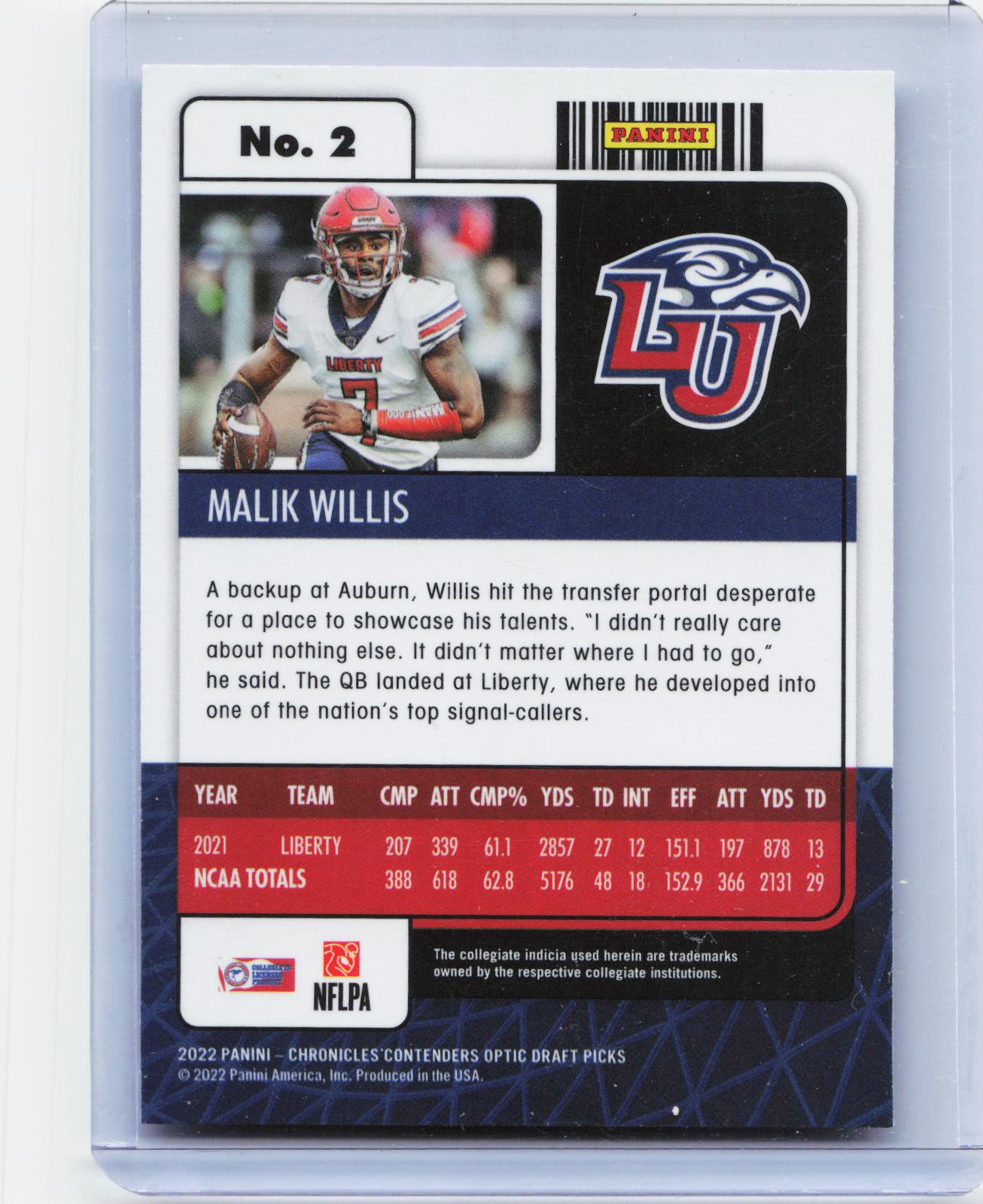 2022 Panini Chronicles Draft Picks #2 Malik Willis Contenders Optic